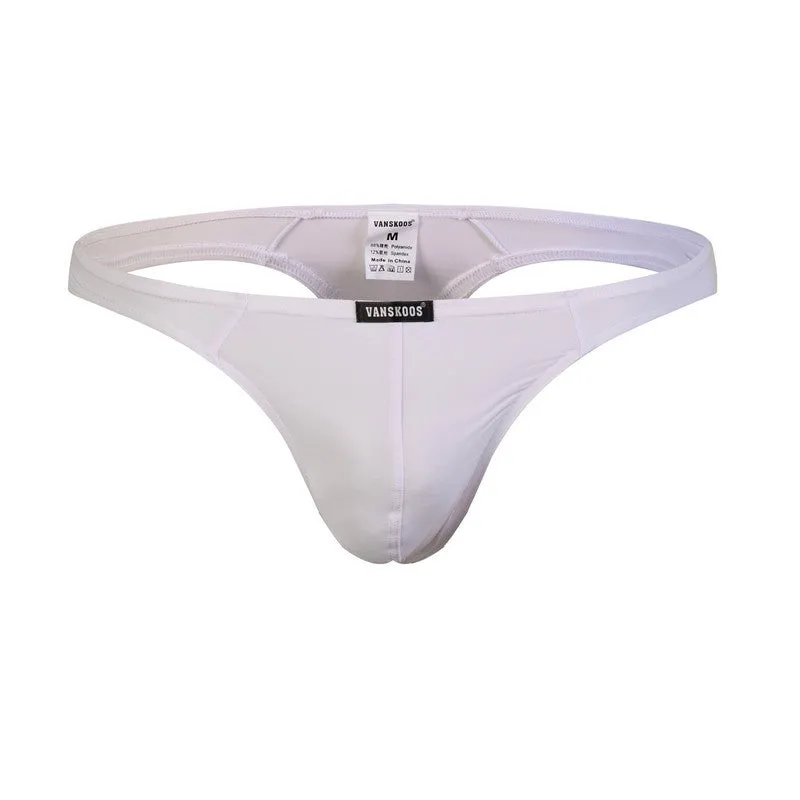Men's low waist T-shaped bikini swimming trunks in solid colour nylon fabric, front view.