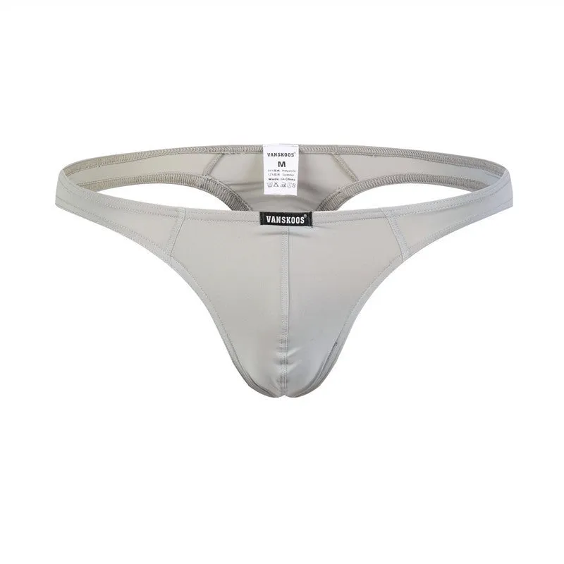 Men's low waist T-shaped bikini swimming trunks in solid colour nylon fabric, front view.