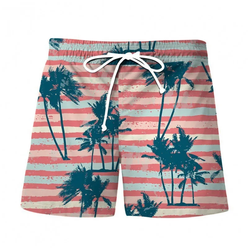 Men's 3D digital printing shorts Hawaiian wind beach pants in polyester with micro-elastic waist, front view on model