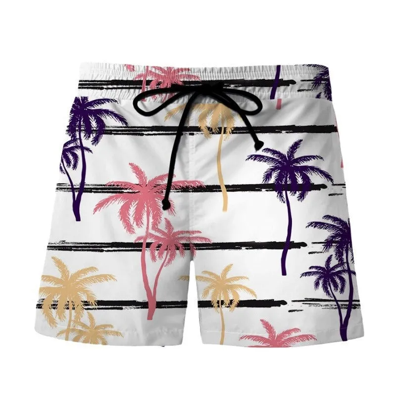 Men's 3D digital printing shorts Hawaiian wind beach pants in polyester with micro-elastic waist, front view on model