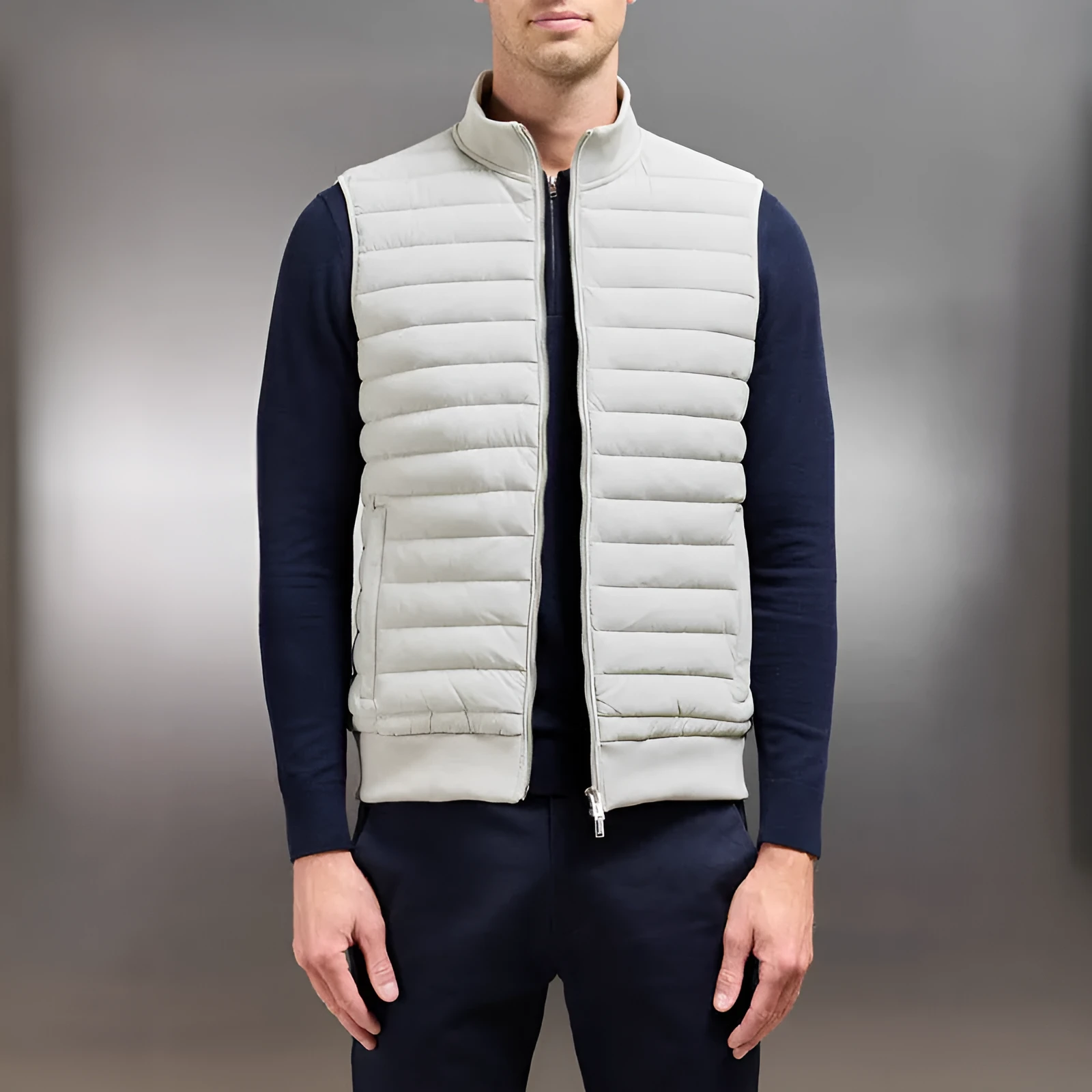 European and American down jacket vest in light stand collar style, corduroy fabric, available in black, light gray, navy blue, sizes M to XXXL