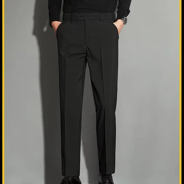 Men's straight cut ankle-length trousers in draping fabric showing apricot colour option