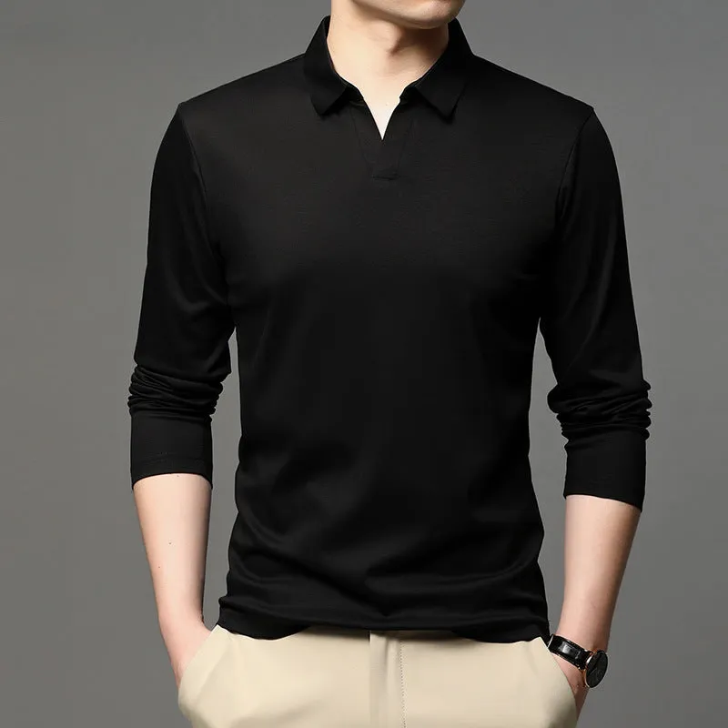 Men's solid colour cotton lapel long sleeve casual shirt in regular fit, black colour