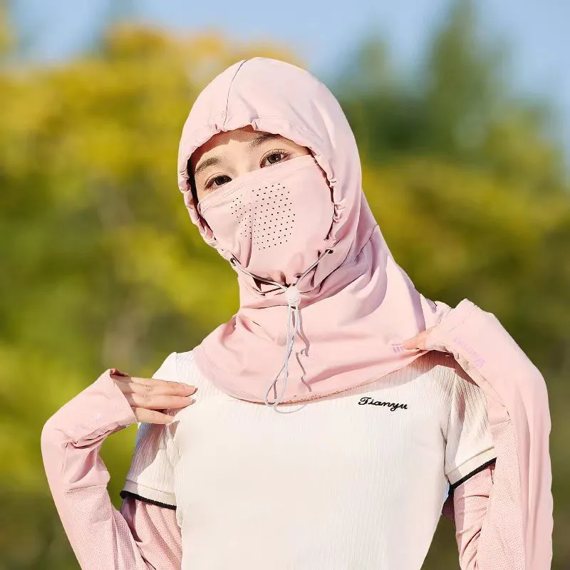 Sun protection ice silk hat scarf neck mask in black, ear-hanging bandana style with nylon fabric