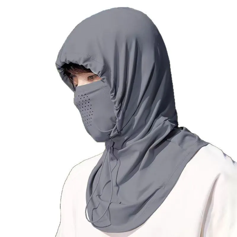 Sun protection ice silk hat scarf neck mask in black, ear-hanging bandana style with nylon fabric