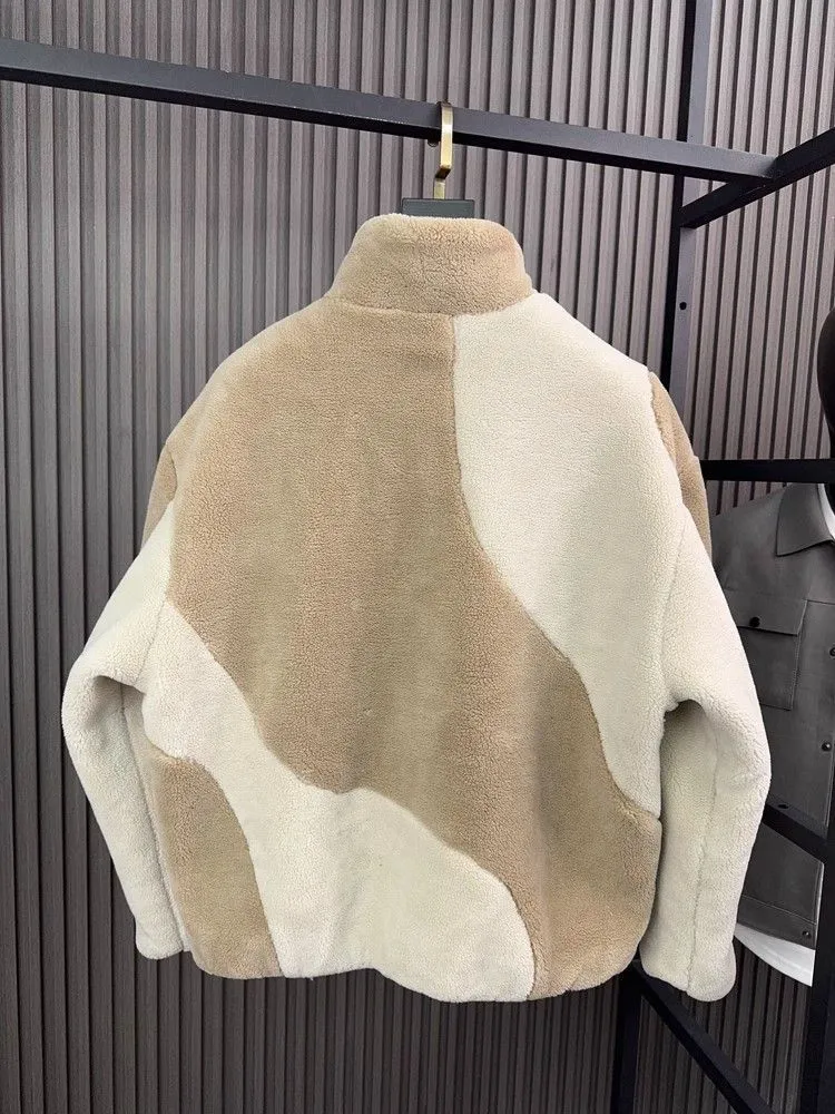 Men's khaki contrast collar standing coat polyester autumn winter front view