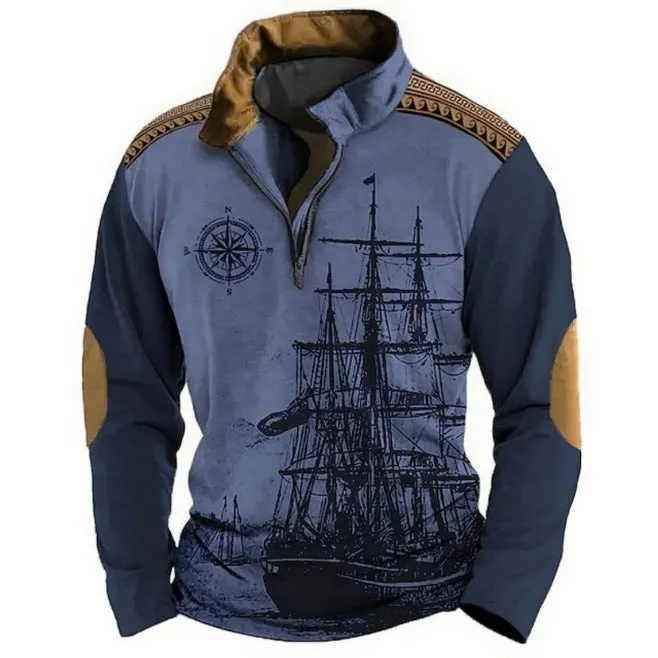 Man wearing a long sleeve loose fit t-shirt with a retro striped print and zip detail decorations.