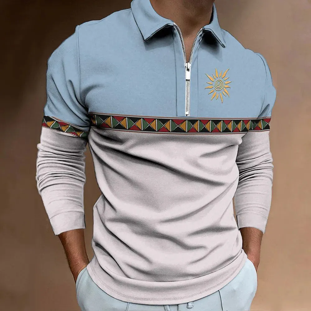 Man wearing a long sleeve loose fit t-shirt with a retro striped print and zip detail decorations.