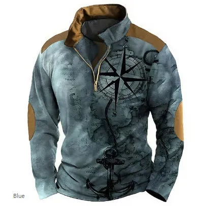 Man wearing a long sleeve loose fit t-shirt with a retro striped print and zip detail decorations.