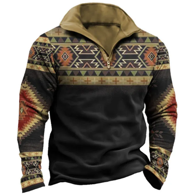 Man wearing a long sleeve loose fit t-shirt with a retro striped print and zip detail decorations.