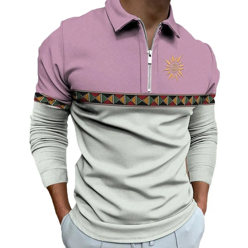 Man wearing a long sleeve loose fit t-shirt with a retro striped print and zip detail decorations.