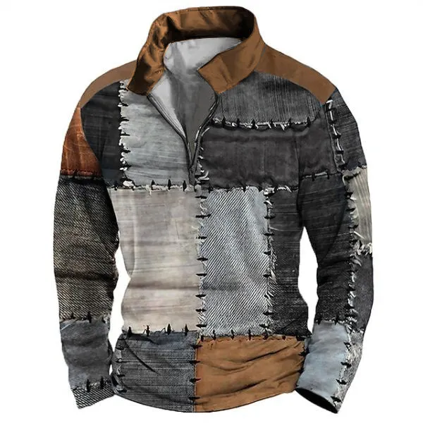 Man wearing a long sleeve loose fit t-shirt with a retro striped print and zip detail decorations.