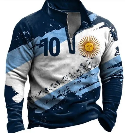 Man wearing a long sleeve loose fit t-shirt with a retro striped print and zip detail decorations.