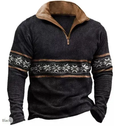 Man wearing a long sleeve loose fit t-shirt with a retro striped print and zip detail decorations.