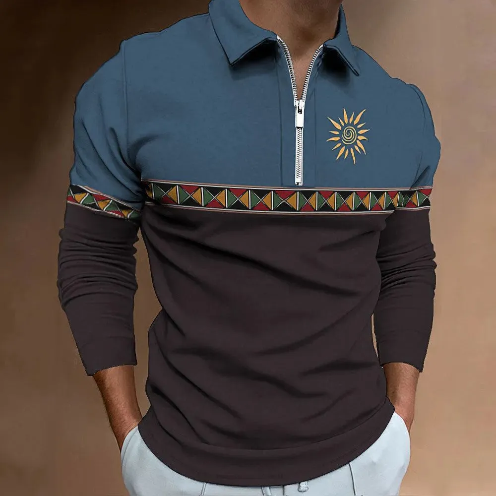 Man wearing a long sleeve loose fit t-shirt with a retro striped print and zip detail decorations.