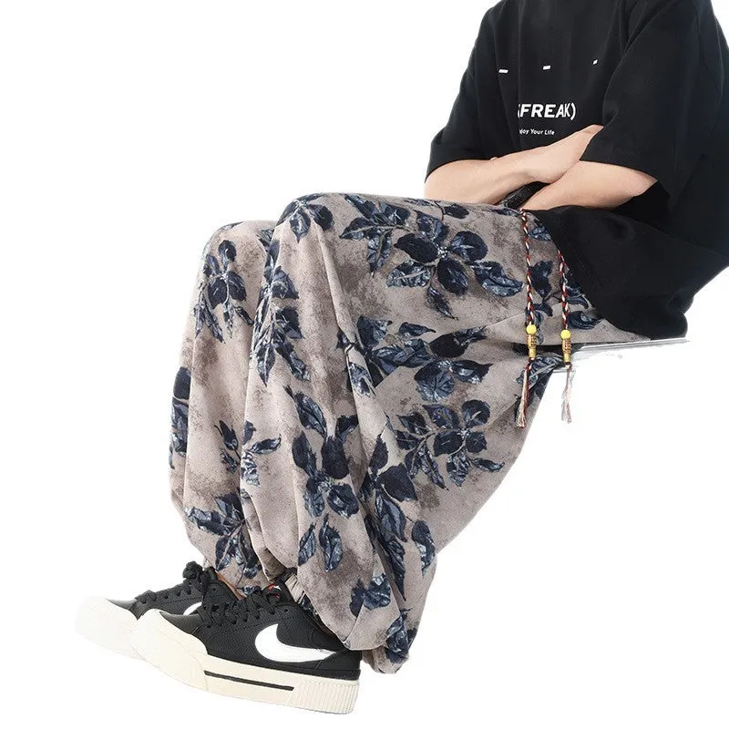 Plus size loose men's casual pants in ice silk drape, ice blue colour, mid waist, relaxed fit, size M to 5XL