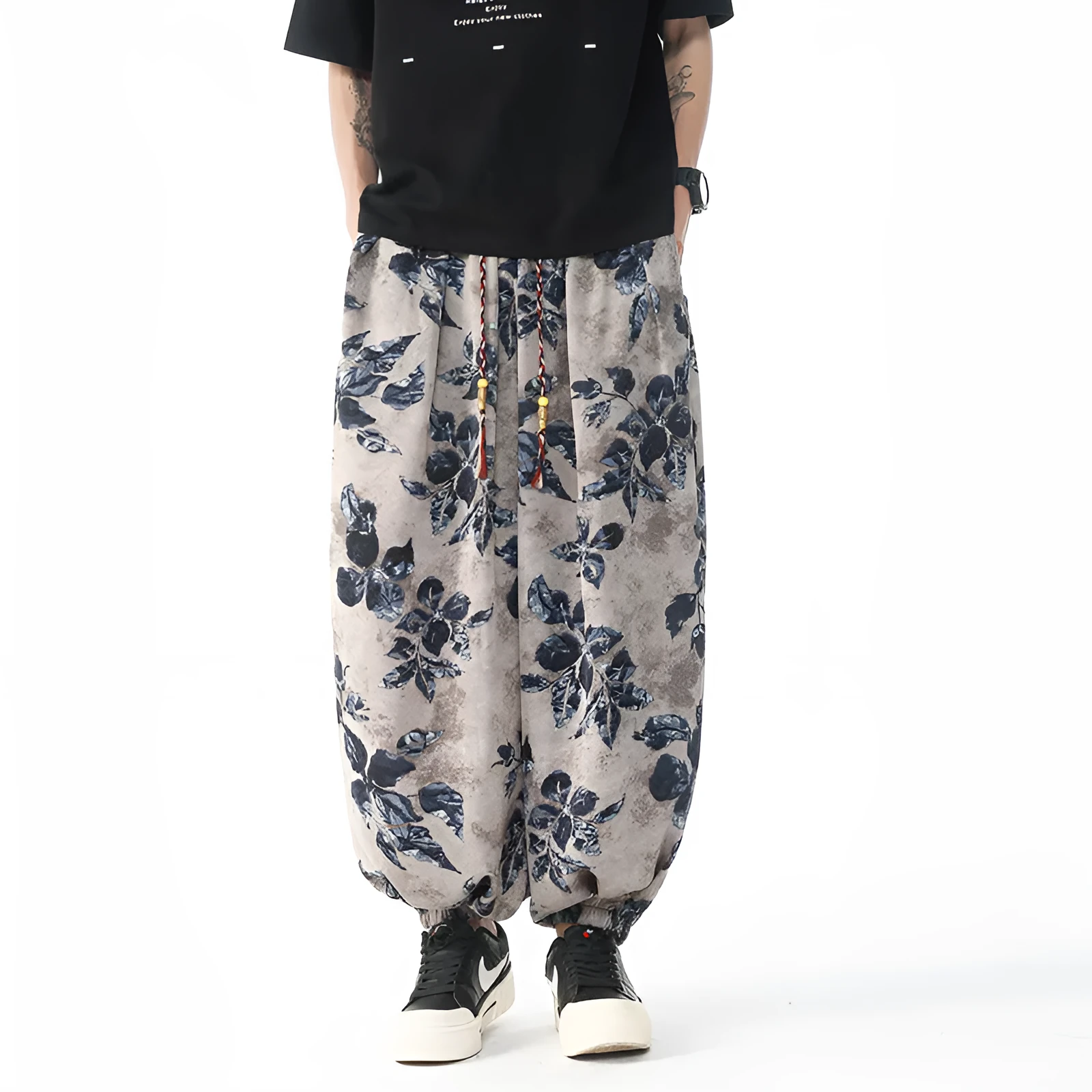 Plus size loose men's casual pants in ice silk drape, ice blue colour, mid waist, relaxed fit, size M to 5XL