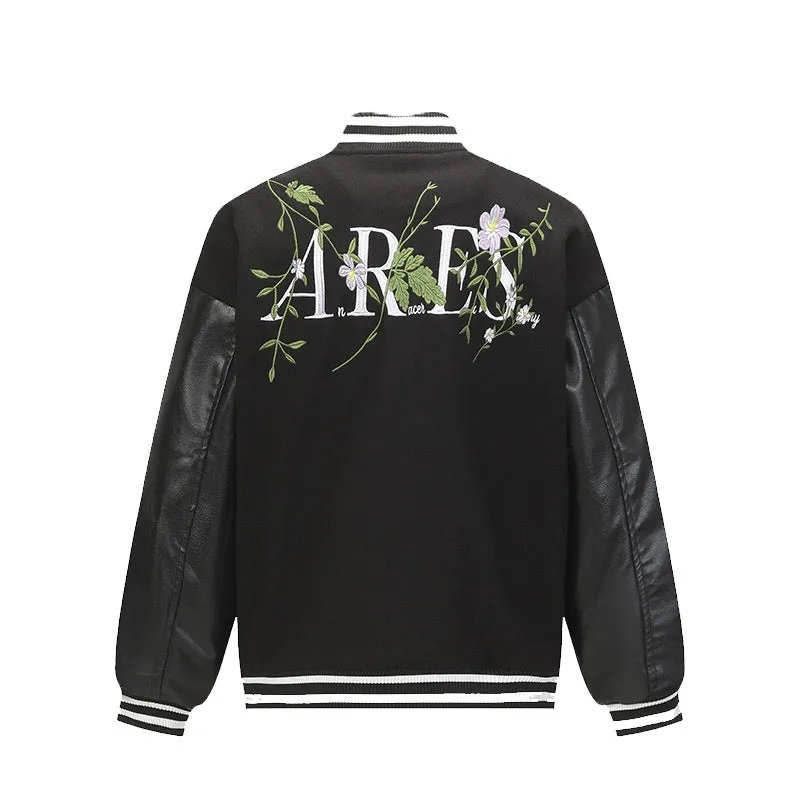Men's retro plant flower embroidered coat in apricot loose fit polyester with side pockets