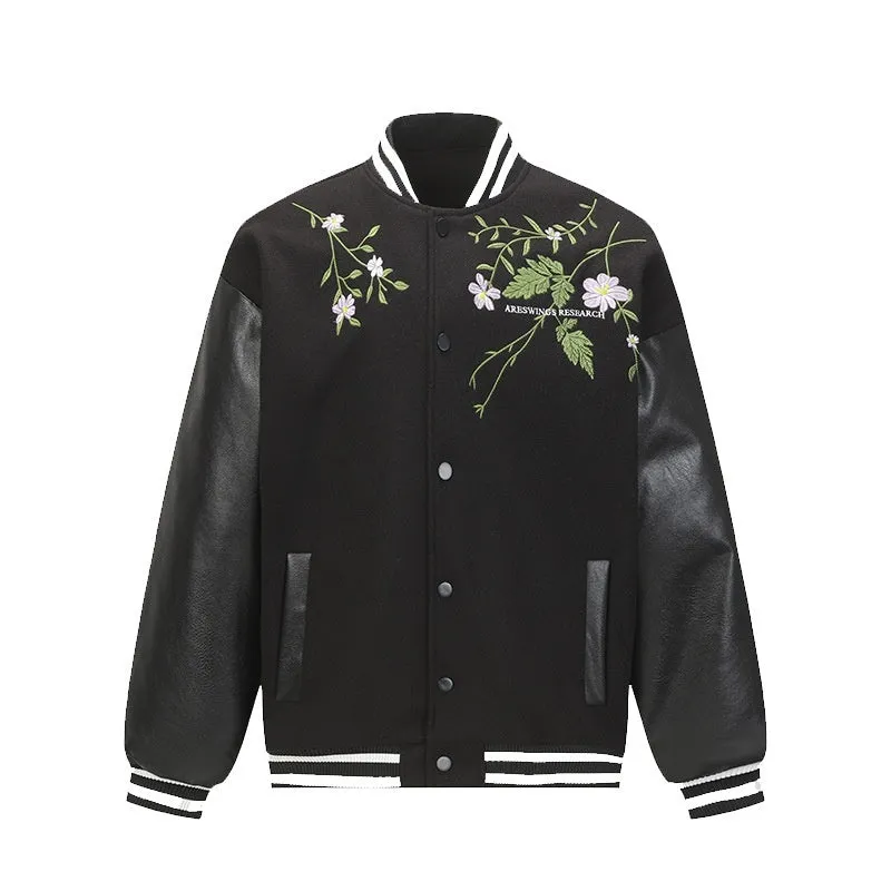 Men's retro plant flower embroidered coat in apricot loose fit polyester with side pockets