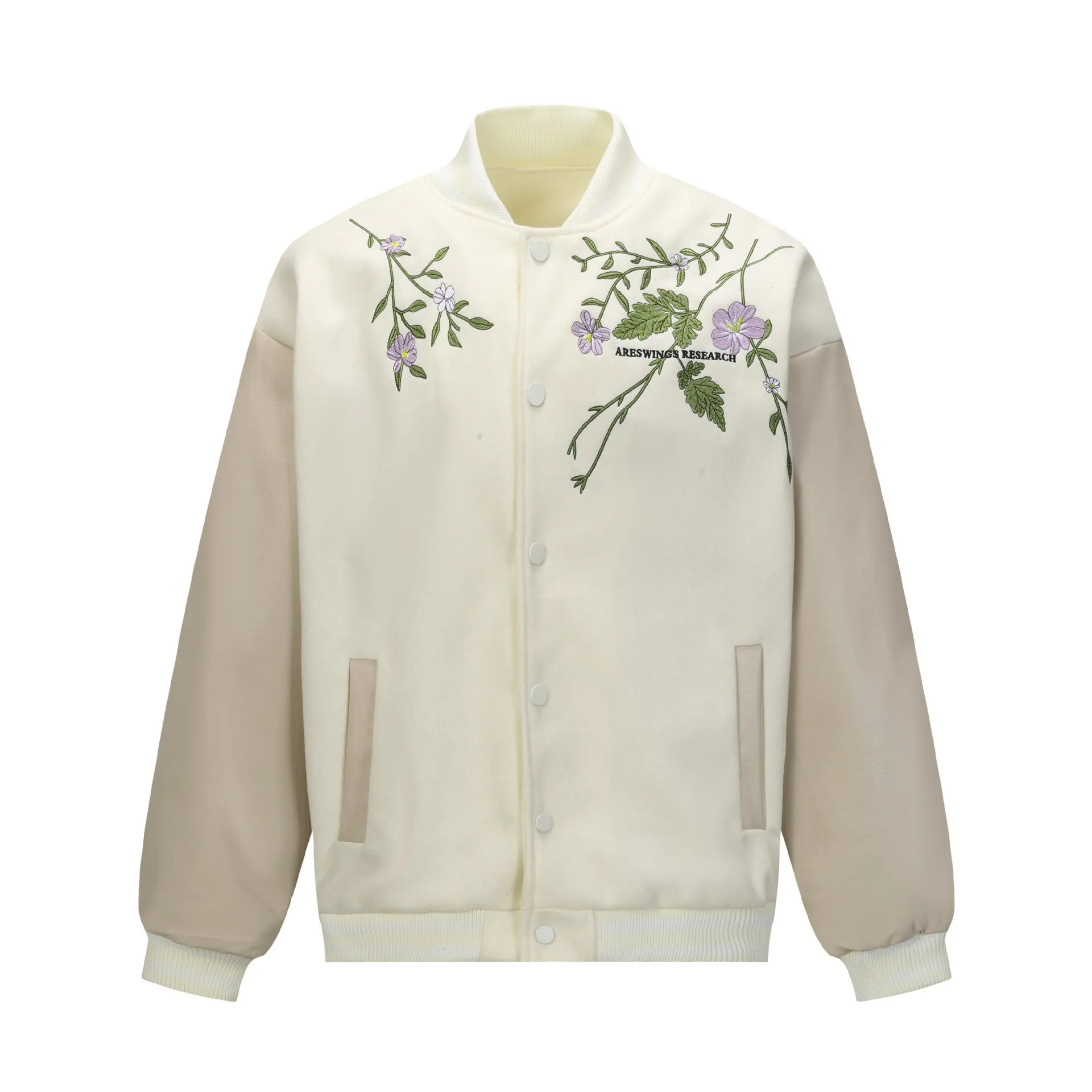 Men's retro plant flower embroidered coat in apricot loose fit polyester with side pockets