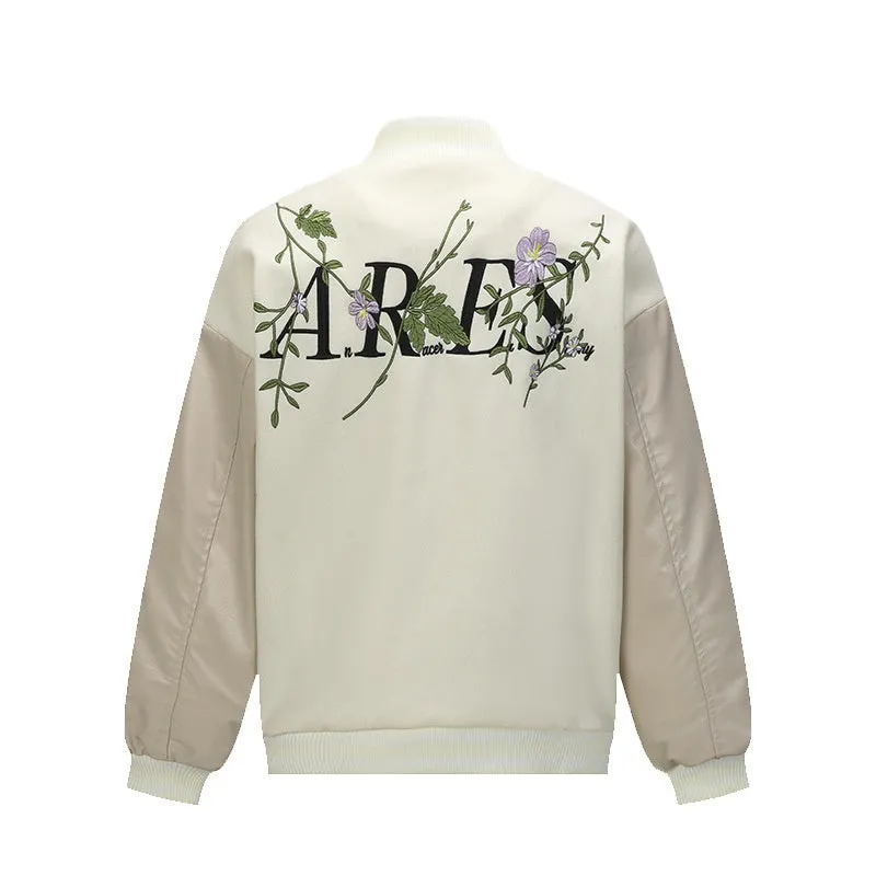 Men's retro plant flower embroidered coat in apricot loose fit polyester with side pockets