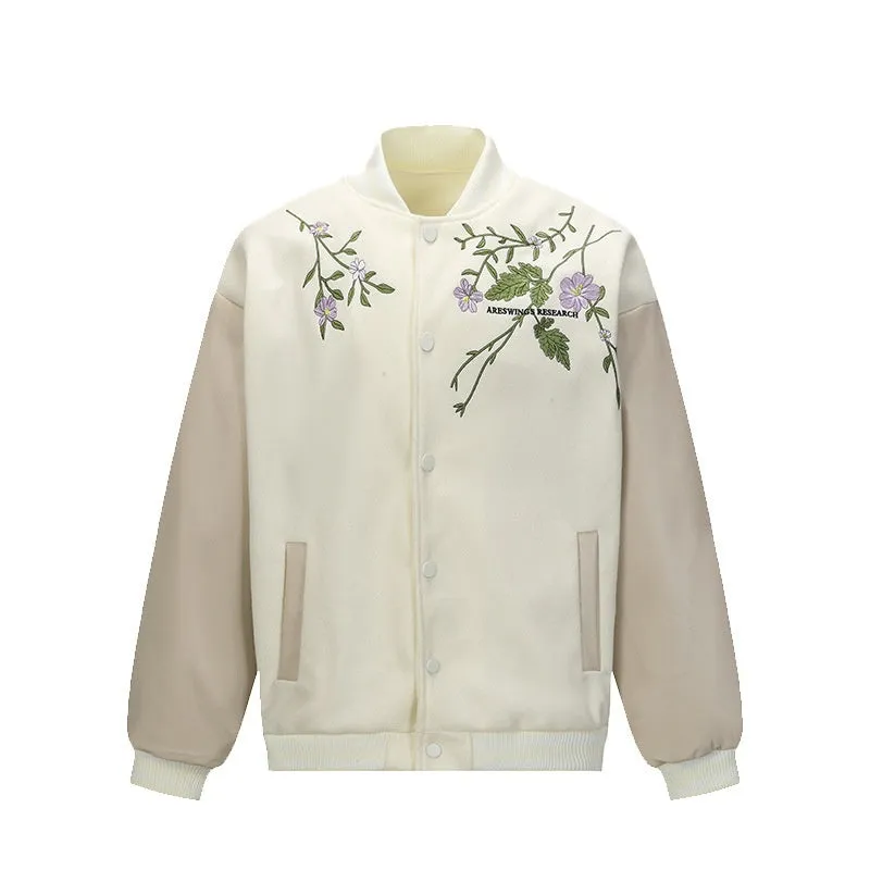 Men's retro plant flower embroidered coat in apricot loose fit polyester with side pockets