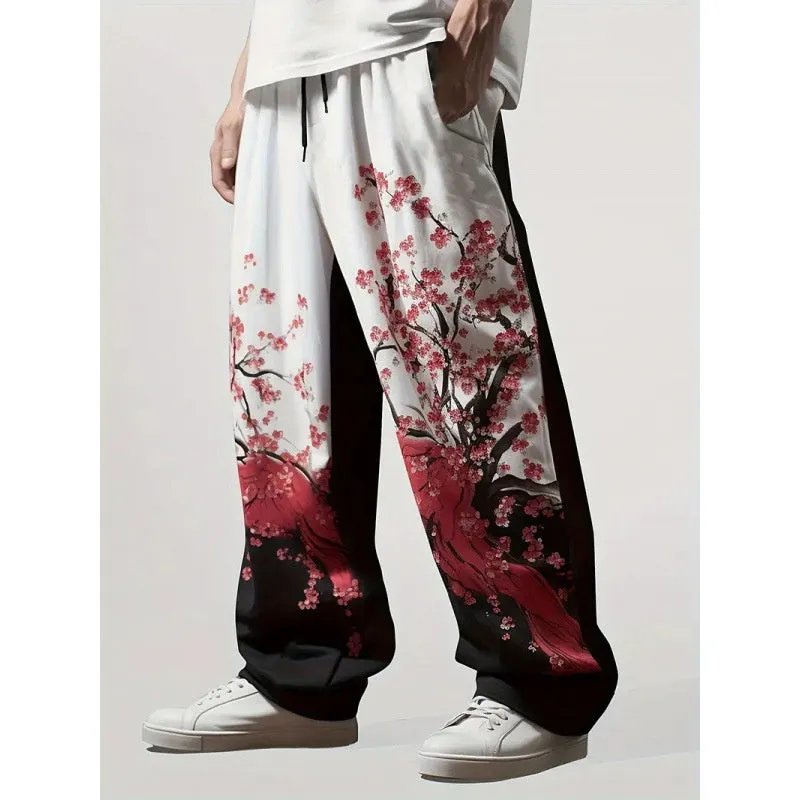 Men's colour gradient plaid letter print straight-leg drawstring casual trousers spring leisurewear