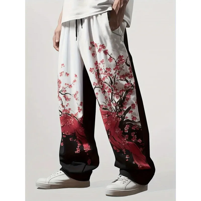 Men's colour gradient plaid letter print straight-leg drawstring casual trousers spring leisurewear