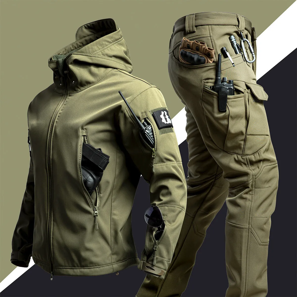 Camouflage winter outdoors shell jacket suit for men, waterproof windproof set in Shadow Camouflage colour with jacket and pants