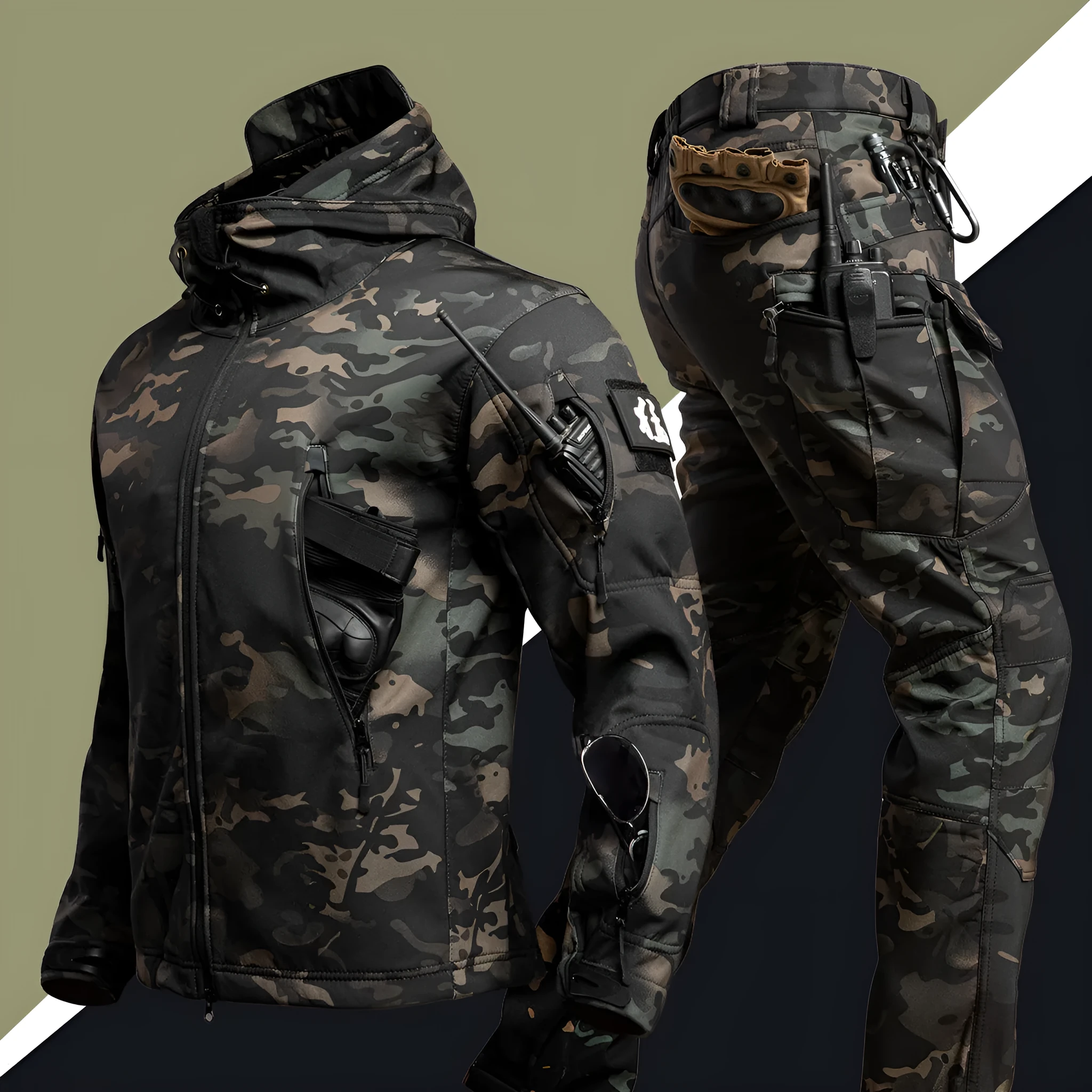 Camouflage winter outdoors shell jacket suit for men, waterproof windproof set in Shadow Camouflage colour with jacket and pants