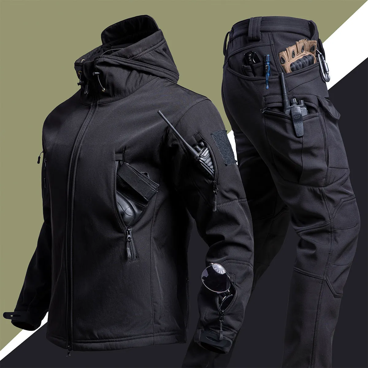 Camouflage winter outdoors shell jacket suit for men, waterproof windproof set in Shadow Camouflage colour with jacket and pants