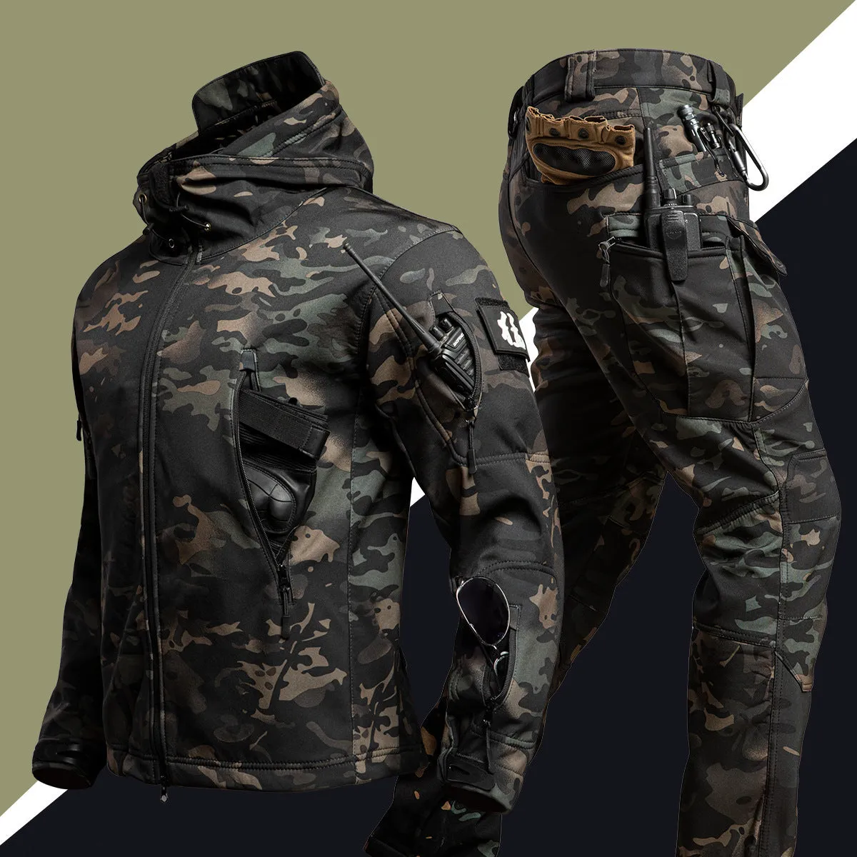 Camouflage winter outdoors shell jacket suit for men, waterproof windproof set in Shadow Camouflage colour with jacket and pants