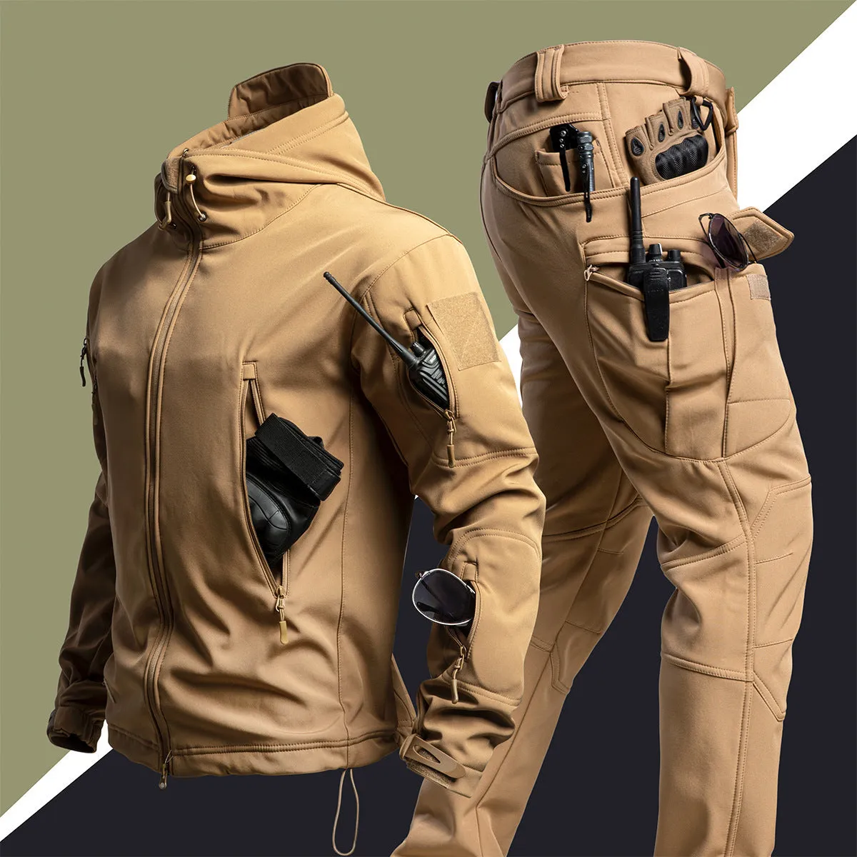 Camouflage winter outdoors shell jacket suit for men, waterproof windproof set in Shadow Camouflage colour with jacket and pants