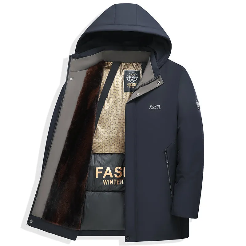 Men's fleece-lined cotton-padded coat in black and navy blue with gold trim, cardigan style, regular fit