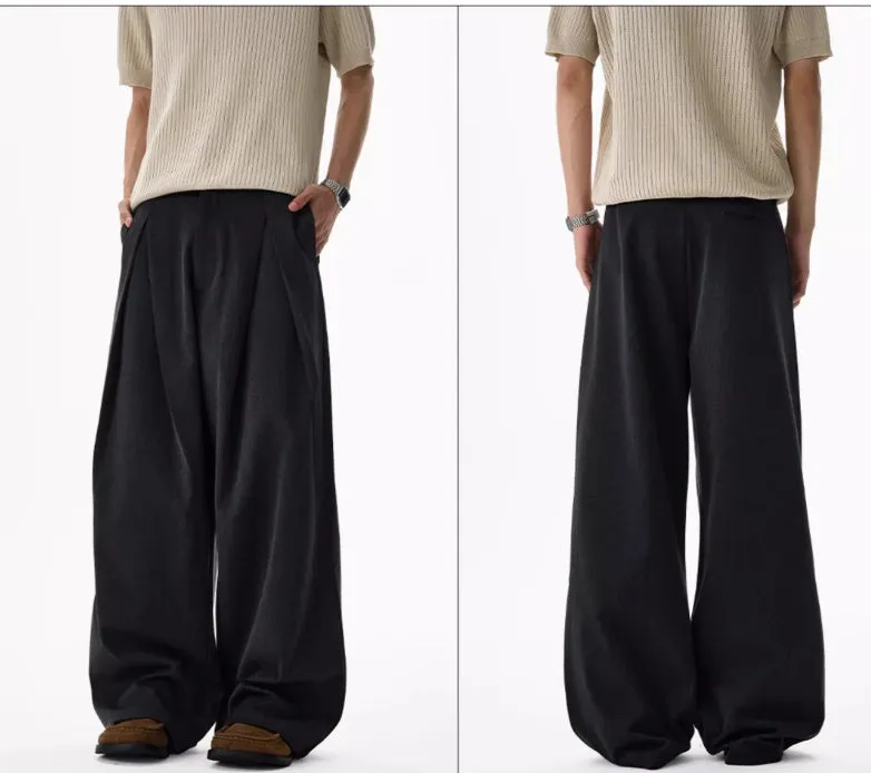 Double pleated profile suit pants for men and women – mid waist straight leg, non-ironing polyester, available in black and dark gray, sizes S to XL