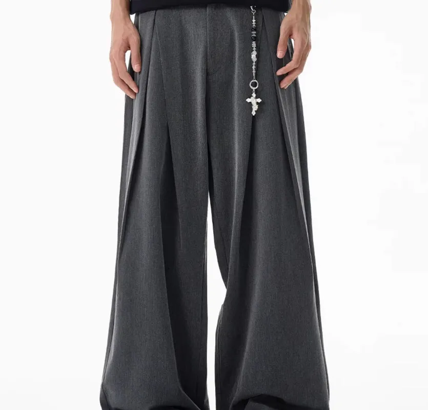 Double pleated profile suit pants for men and women – mid waist straight leg, non-ironing polyester, available in black and dark gray, sizes S to XL