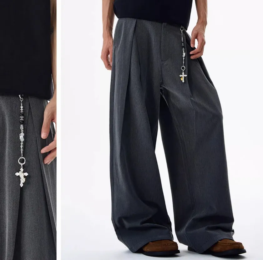 Double pleated profile suit pants for men and women – mid waist straight leg, non-ironing polyester, available in black and dark gray, sizes S to XL