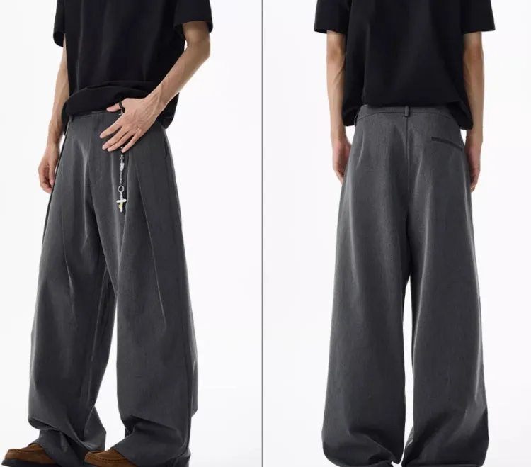 Double pleated profile suit pants for men and women – mid waist straight leg, non-ironing polyester, available in black and dark gray, sizes S to XL