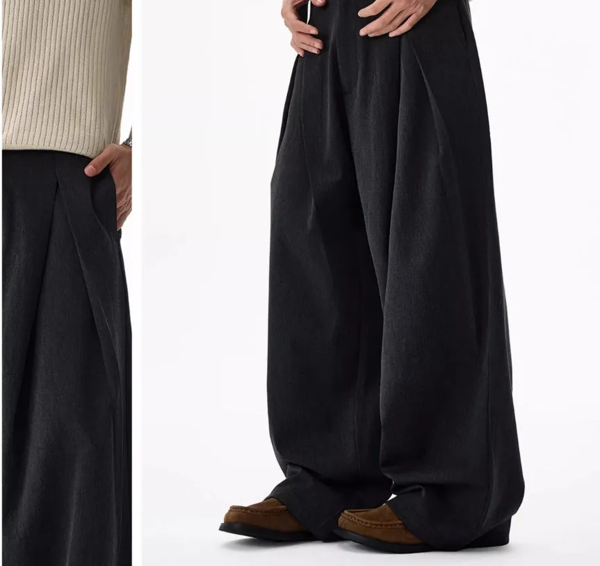 Double pleated profile suit pants for men and women – mid waist straight leg, non-ironing polyester, available in black and dark gray, sizes S to XL