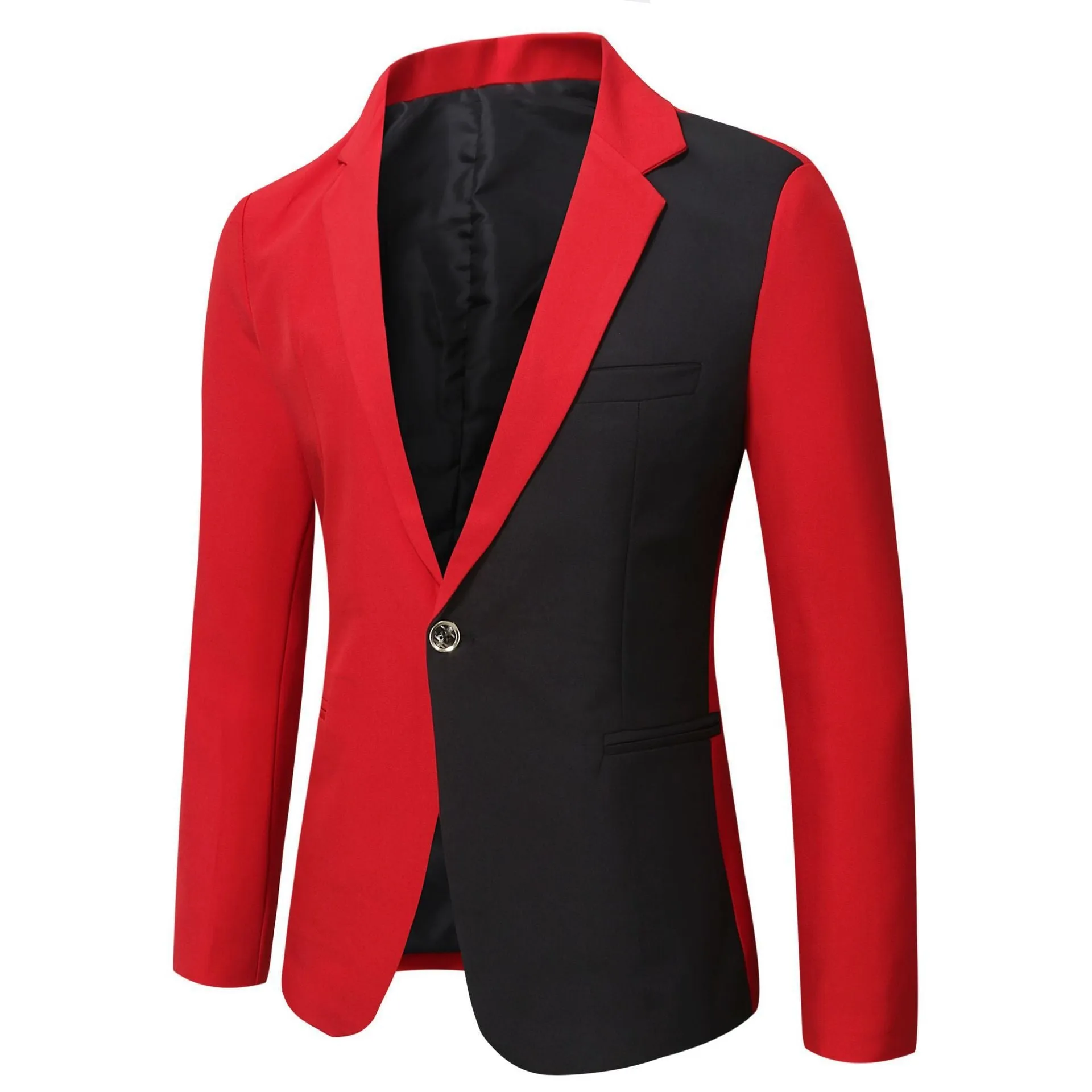 Men's slim-fit suit jacket in red with long sleeves and round hem, casual leisure style