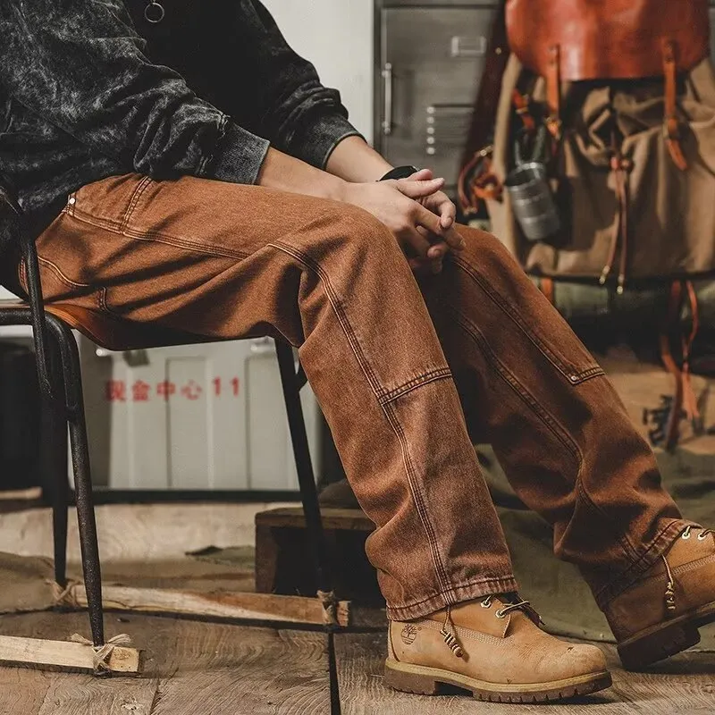 Loose straight men's pants in brown with zip placket and mid waist