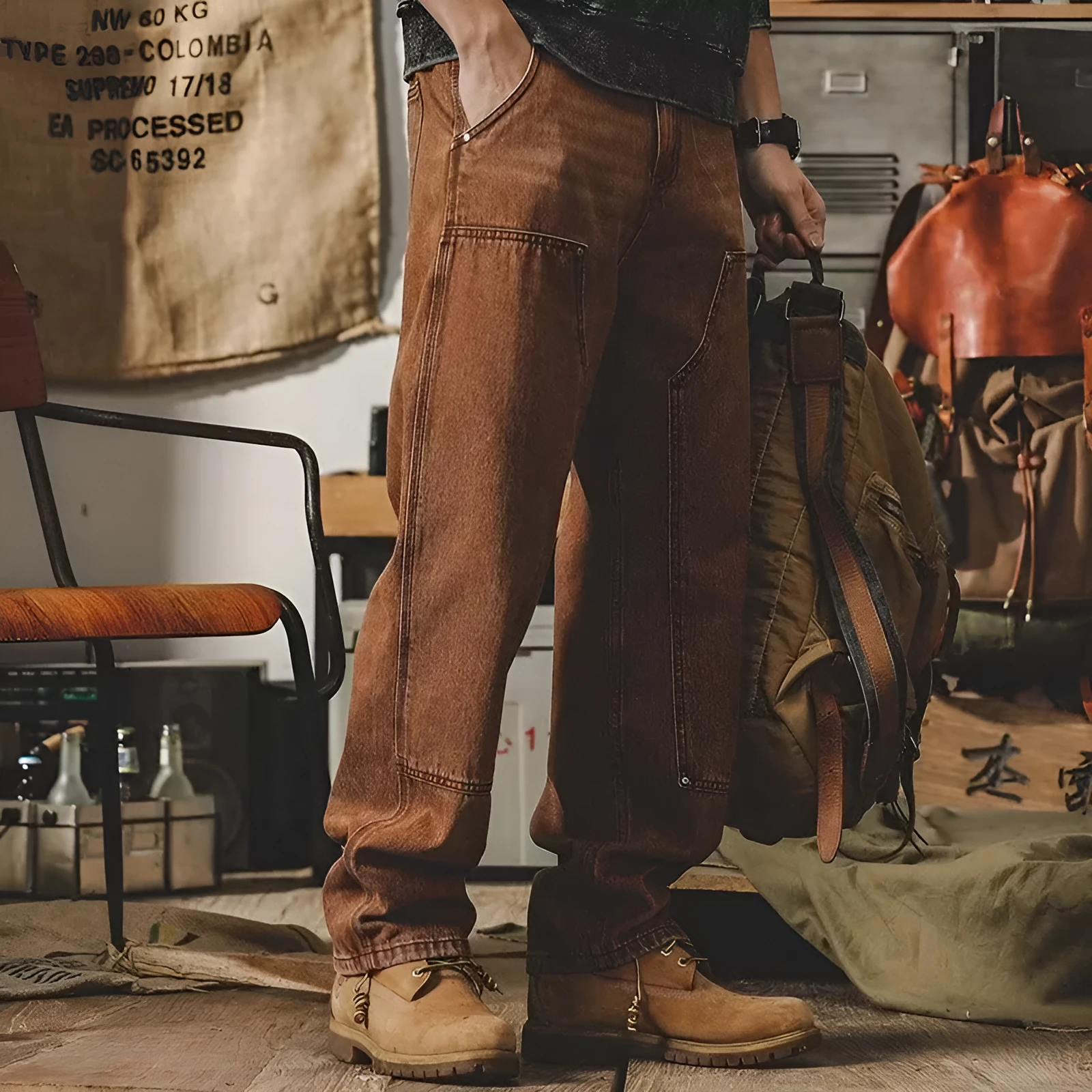 Loose straight men's pants in brown with zip placket and mid waist