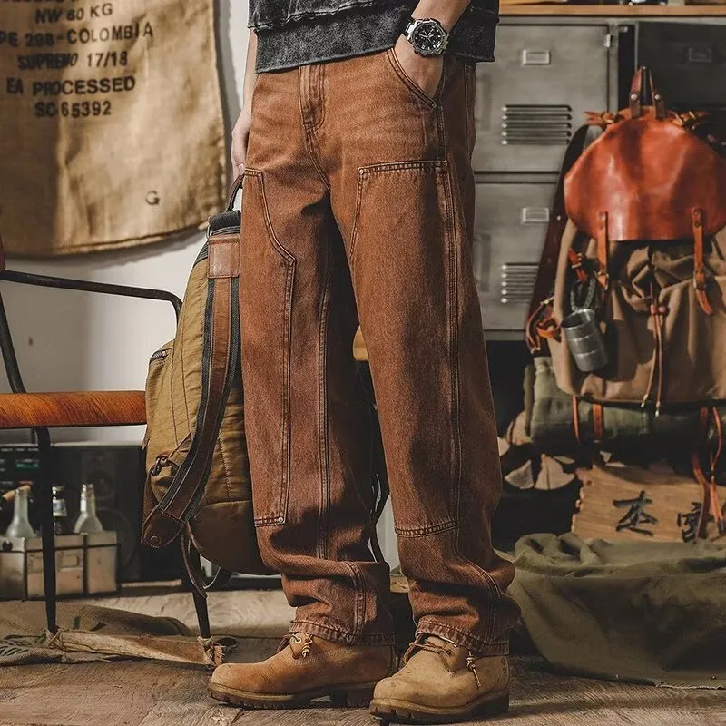 Loose straight men's pants in brown with zip placket and mid waist