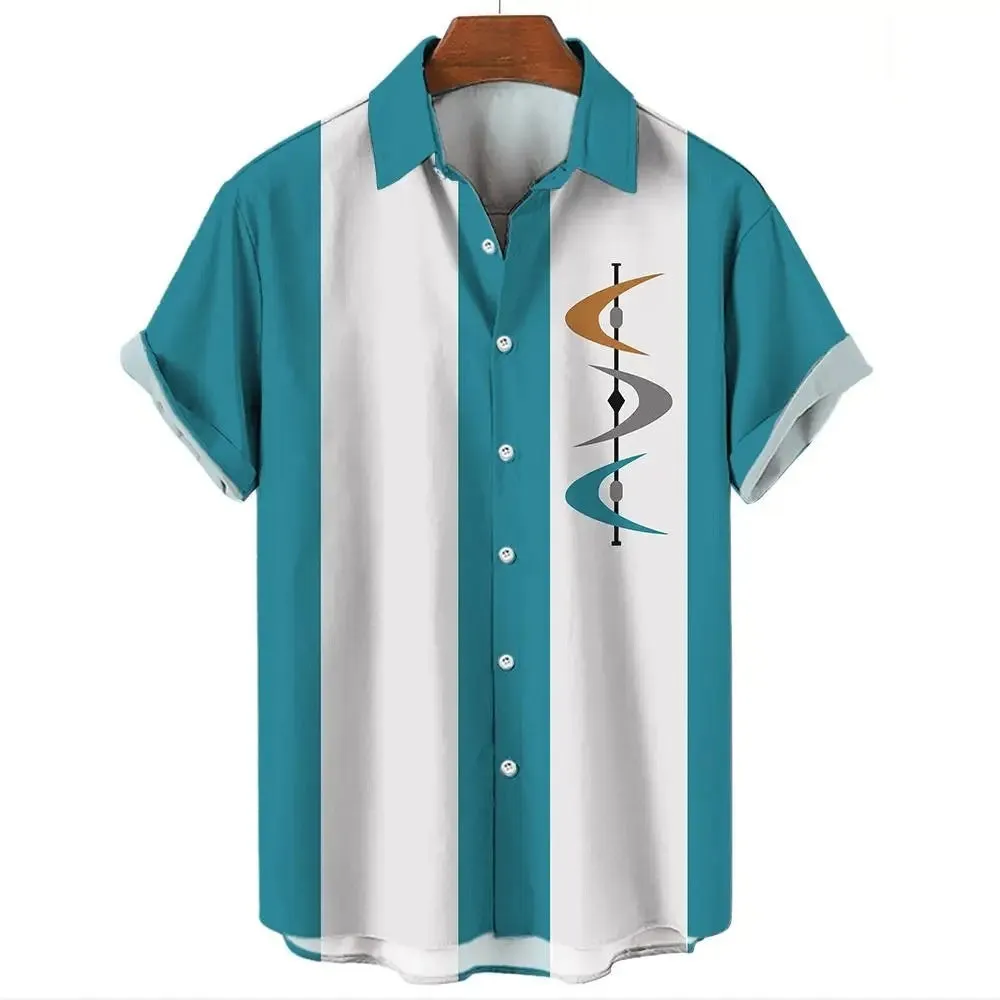 Men's striped Hawaiian casual button-down shirt with short sleeves in polyester fabric