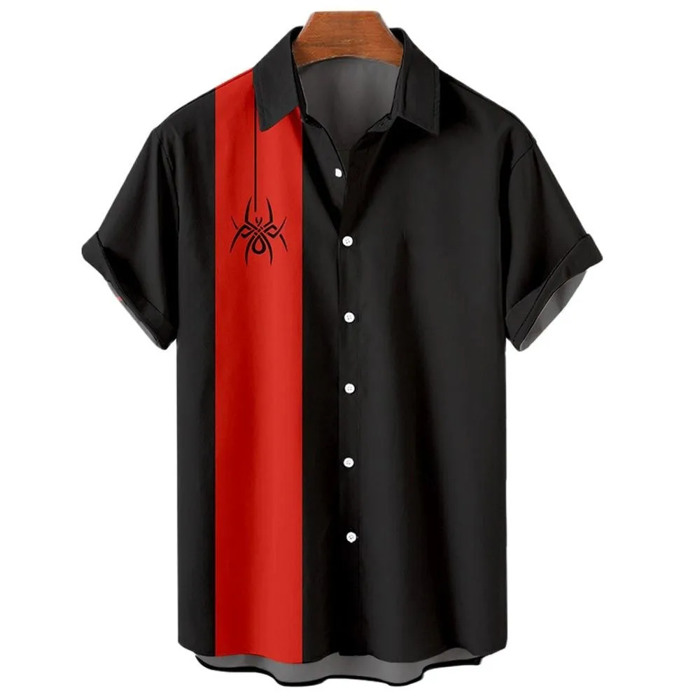 Men's striped Hawaiian casual button-down shirt with short sleeves in polyester fabric
