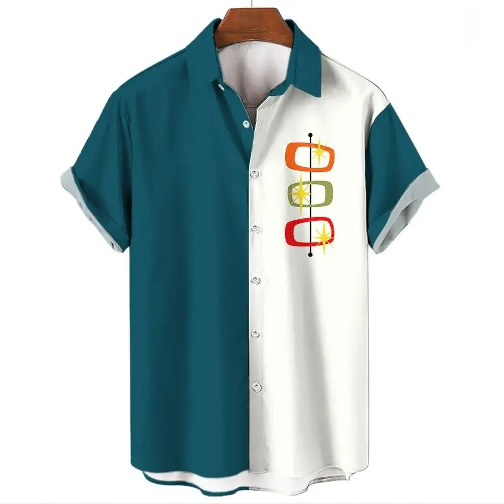 Men's striped Hawaiian casual button-down shirt with short sleeves in polyester fabric
