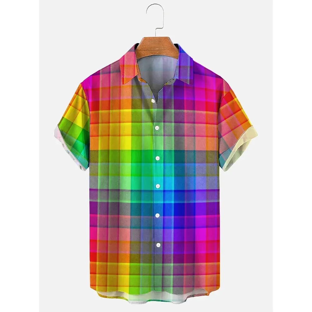 Men's striped Hawaiian casual button-down shirt with short sleeves in polyester fabric