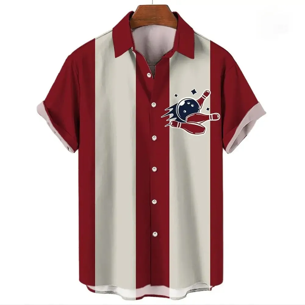 Men's striped Hawaiian casual button-down shirt with short sleeves in polyester fabric