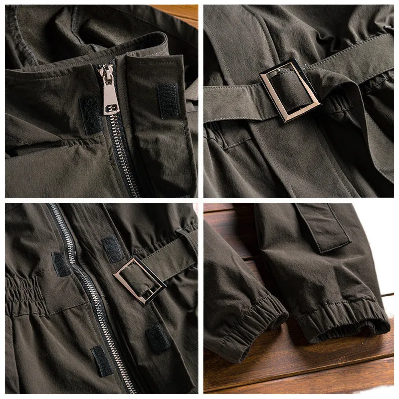 Men's hooded workwear jumpsuit in army green with ankle-tied cuffs and zip closure