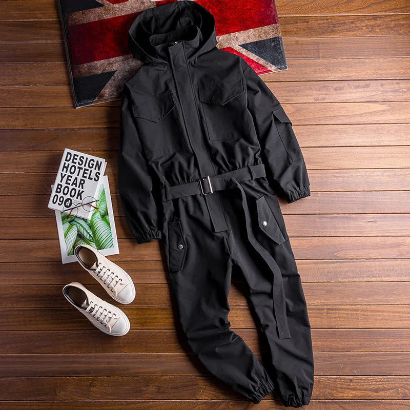 Men's hooded workwear jumpsuit in army green with ankle-tied cuffs and zip closure